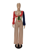 Color Blocking Tie Up Tops And Wide Leg Pant Two Piece Set NM-8542