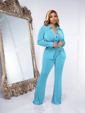 Solid Long Sleeve Shirt And Micro Flare Pant 2 Piece Set YD-8672