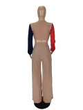 Color Blocking Tie Up Tops And Wide Leg Pant Two Piece Set NM-8542