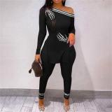 Print Slash Shoulder Long Sleeve Pant 2 Piece Set SHD-9402