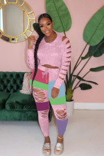 Fashion Painted Patchwork Holes Two Piece Pant Set  LSD-8794
