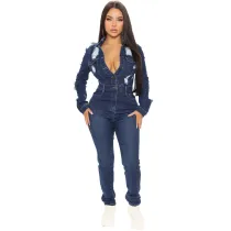 Fashion Long Sleeve Holes Denim Jumpsuit LA-3325