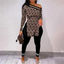Print Slash Shoulder Long Sleeve Pant 2 Piece Set SHD-9402