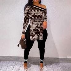Print Slash Shoulder Long Sleeve Pant 2 Piece Set SHD-9402