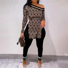 Print Slash Shoulder Long Sleeve Pant 2 Piece Set SHD-9402