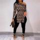 Print Slash Shoulder Long Sleeve Pant 2 Piece Set SHD-9402