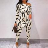 Print Slash Shoulder Long Sleeve Pant 2 Piece Set SHD-9402