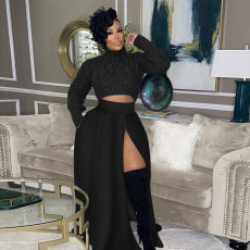 Fashion Solid Zipper Split Midi Skirt SH-390442