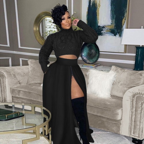 Fashion Solid Zipper Split Midi Skirt SH-390442