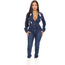 Fashion Long Sleeve Holes Denim Jumpsuit LA-3325