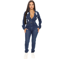 Fashion Long Sleeve Holes Denim Jumpsuit LA-3325