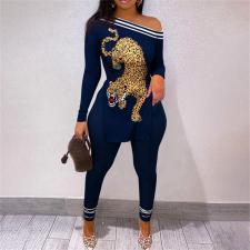 Print Slash Shoulder Long Sleeve Pant 2 Piece Set SHD-9402