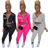 Letter Print Zipper Short Coat And Pant Two Piece Set XYF-9191