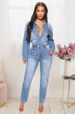 Plus Size Fashion Slim Long Sleeve Denim Jumpsuit LX-3539