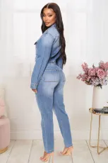 Plus Size Fashion Slim Long Sleeve Denim Jumpsuit LX-3539