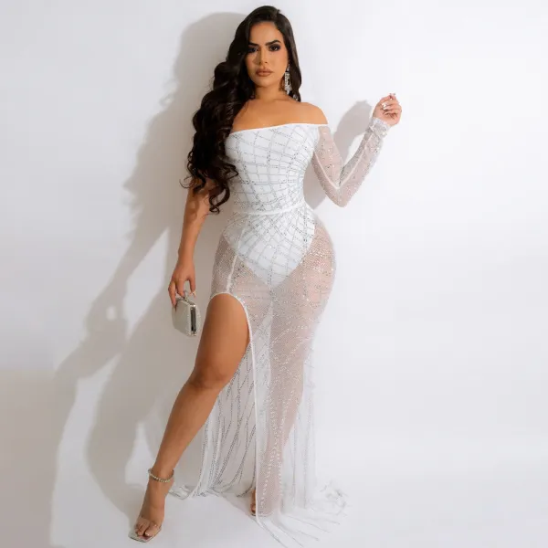 Sexy Hot Drilling One Shoulder Split Maxi Dress CYA-900157