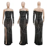 Sexy Hot Drilling One Shoulder Split Maxi Dress CYA-900157