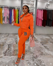Solid Color Hooded Long Sleeve Pant Sport Two Piece Set XMF-209