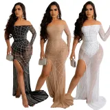 Sexy Hot Drilling One Shoulder Split Maxi Dress CYA-900157