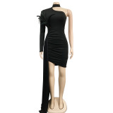 Feather One Shoulder Sleeve Mini Dress  BY-6126
