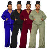 Plus Size Velvet Solid Color High Waist Wide Leg Pant Two Piece Set  NNWF-7770