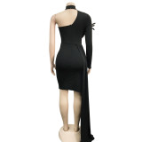 Feather One Shoulder Sleeve Mini Dress  BY-6126