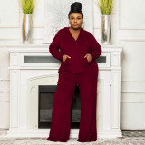 Plus Size Velvet Solid Color High Waist Wide Leg Pant Two Piece Set  NNWF-7770