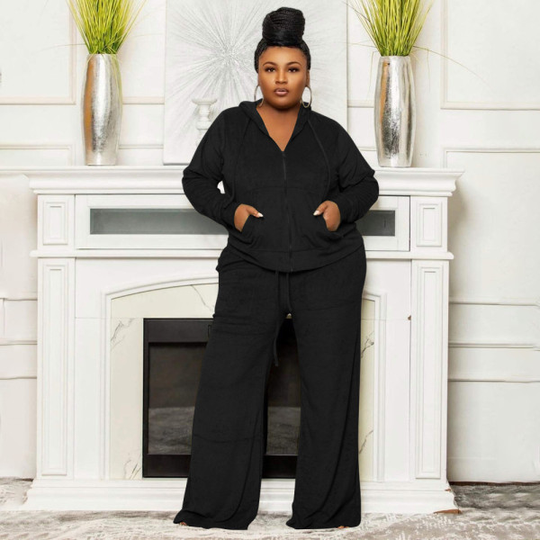 Plus Size Velvet Solid Color High Waist Wide Leg Pant Two Piece Set  NNWF-7770