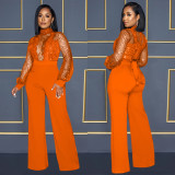 Solid Hollow Out See Through Tie Up Jumpsuit BY-6053