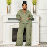 Plus Size Velvet Solid Color High Waist Wide Leg Pant Two Piece Set  NNWF-7770