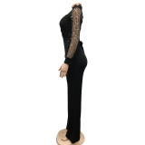 Solid Hollow Out See Through Tie Up Jumpsuit BY-6053