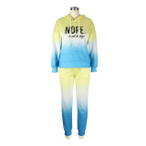 Letter Print Gradient Hooded Sweatshirt Two Piece Pant Set XHSY-19525