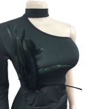 Feather One Shoulder Sleeve Mini Dress  BY-6126