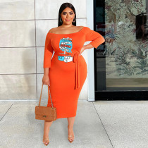 Plus Size Solid Color Print One Shoulder Tie Up Midi Dress XHSY-19515