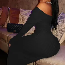 Plus Size Solid Big V Neck Off Shoulder Slim Midi Dress XHSY-19522