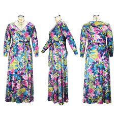 Plus Size Long Sleeve V Neck Split Tie Up Print Dress XHSY-19520