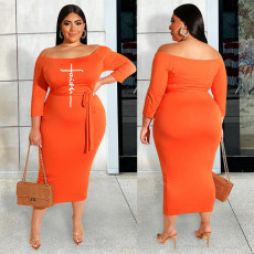 Plus Size Letter Print One Shoulder Tie Up Midi Dress XHSY-19514