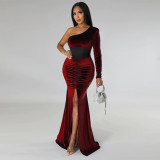 Solid Single Shoulder Sleeve Ruched Split Mermaid Maxi Dress YF-10354