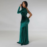 Solid Single Shoulder Sleeve Ruched Split Mermaid Maxi Dress YF-10354
