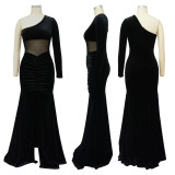 Solid Single Shoulder Sleeve Ruched Split Mermaid Maxi Dress YF-10354