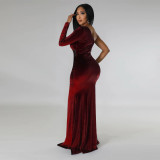 Solid Single Shoulder Sleeve Ruched Split Mermaid Maxi Dress YF-10354