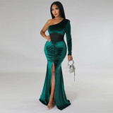 Solid Single Shoulder Sleeve Ruched Split Mermaid Maxi Dress YF-10354