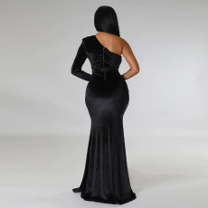Solid Single Shoulder Sleeve Ruched Split Mermaid Maxi Dress YF-10354