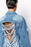 Plus Size Fashion Holes Tassel Long Sleeve Denim Coat LX-3540