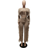 Casual Solid Knits Long Sleeve Tassel Two Piece Set CM-8647