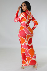 Casual Print Lapel Long Sleeve Slim Maxi Dress  XHXF-340
