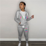 Plus Size PINK Print Hooded Coat And Pants 2 Piece Set GDNF-N8777P11