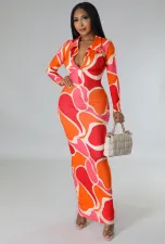 Casual Print Lapel Long Sleeve Slim Maxi Dress  XHXF-340