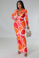 Casual Print Lapel Long Sleeve Slim Maxi Dress  XHXF-340