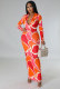 Casual Print Lapel Long Sleeve Slim Maxi Dress  XHXF-340